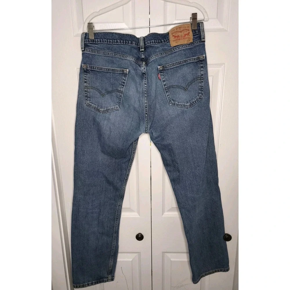 Levis 505 Jeans Mens 34x30 Blue Denim Straight Leg Light Wash Distressed Zip Fly